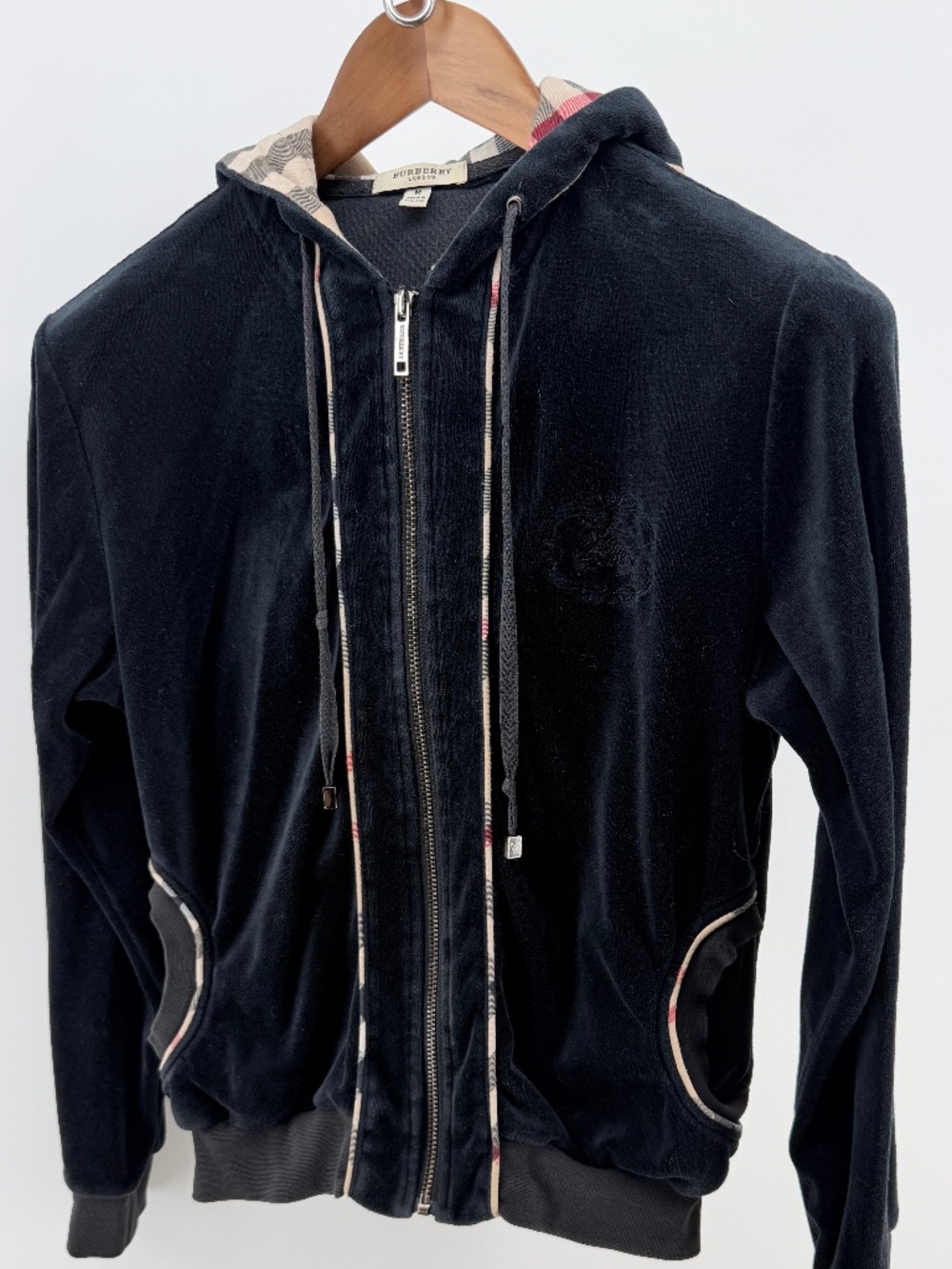 Burberry London Black Velour Zip Hoodie Check Trim Size Medium